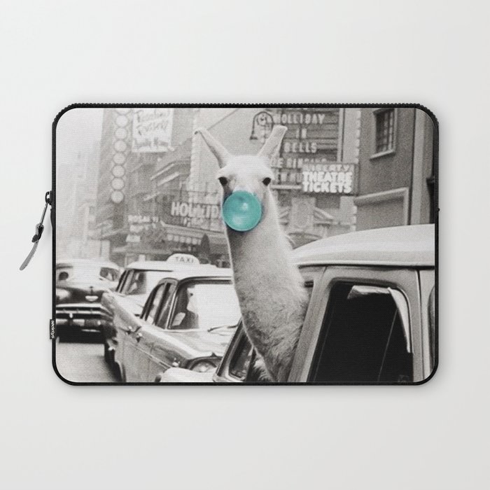 Mint Green Bubble Gum Llama taking a New York Taxi black and white photograph Laptop Sleeve
