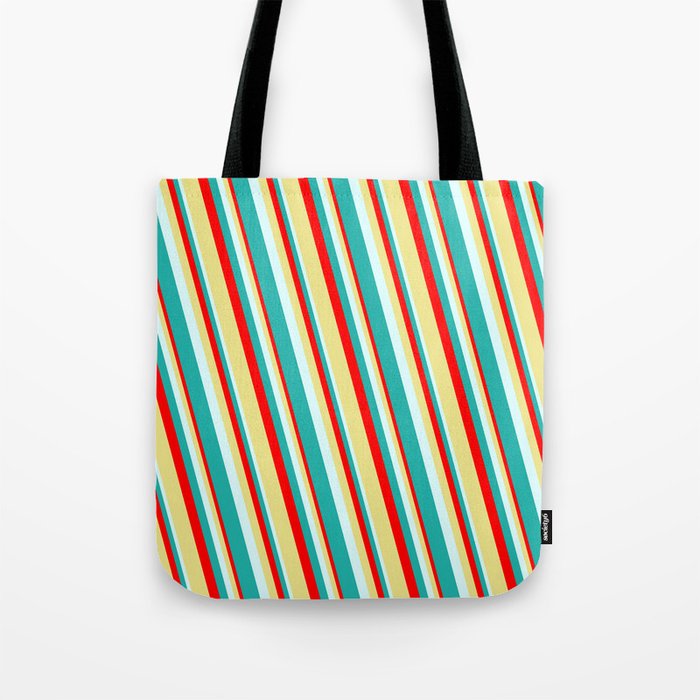 Red, Tan, Light Cyan, and Light Sea Green Colored Lined/Striped Pattern Tote Bag
