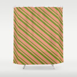 [ Thumbnail: Green & Dark Salmon Colored Lines/Stripes Pattern Shower Curtain ]