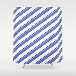 [ Thumbnail: Black, Violet, Blue & White Colored Lines/Stripes Pattern Shower Curtain ]