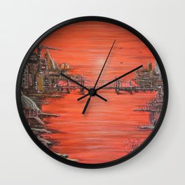 Crimson City Wall Clock | Towerblocks, Abstract, Sunrise, Domes, Painting, Jettys, River, Acrylic, Bridge, Skyscrapers 