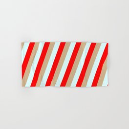 [ Thumbnail: Tan, Light Cyan, and Red Colored Stripes Pattern Hand & Bath Towel ]