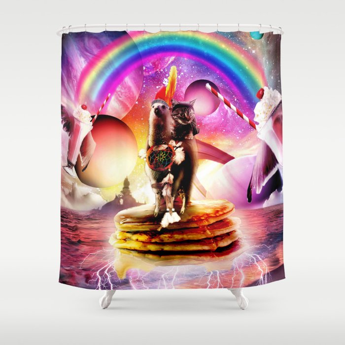 Cat Riding Llama With Pancakes And Milkshake Shower Curtain