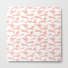 Hare and Hound Repeat Pattern Print with Greyhounds Running in Orange on White Metal Print