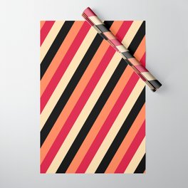 [ Thumbnail: Crimson, Tan, Black, and Coral Colored Lines/Stripes Pattern Wrapping Paper ]