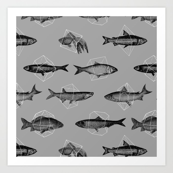 Fishes In Geometrics (Grey) Art Print