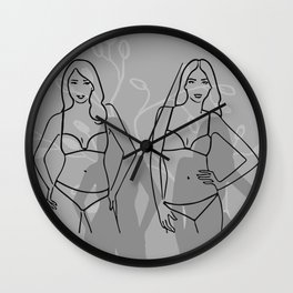 Drawing of beautiful identical twin sisters wearing bikini, fashion illustration, sexy girls one line drawing, women in swimsuit fashion art, home decor Wall Clock | Summer, Leaf, Leaves, Drawing, Portrait Art, Sensual, Young, Hairstyle, Tree Sketch, Nudity 