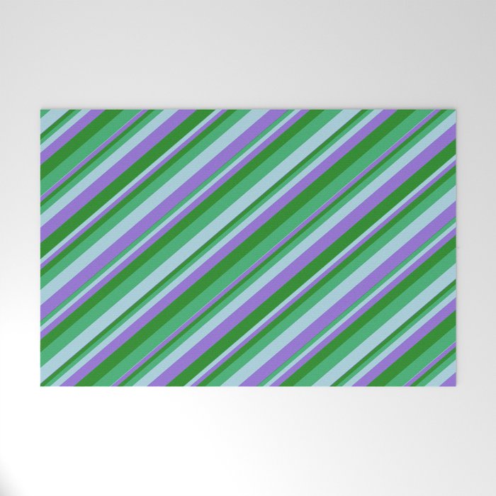 Sea Green, Light Blue, Purple, and Forest Green Colored Lines/Stripes Pattern Welcome Mat