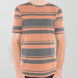 [ Thumbnail: Dim Gray & Light Salmon Colored Lined Pattern All Over Graphic Tee ]