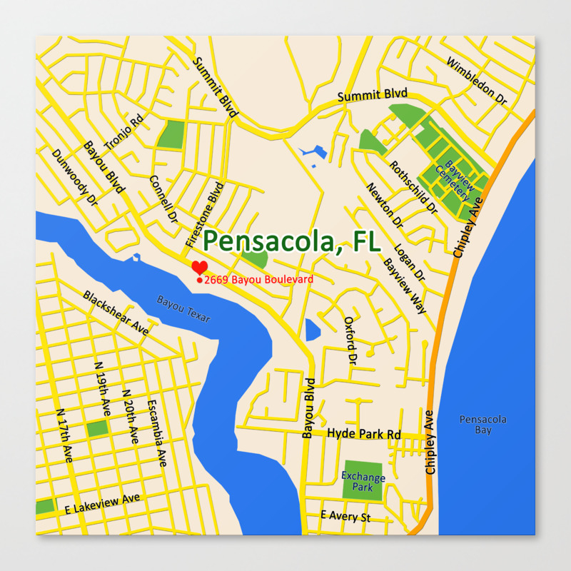 Map Of Pensacola Fl Map Of Pensacola, Fl Canvas Print By Efratul | Society6