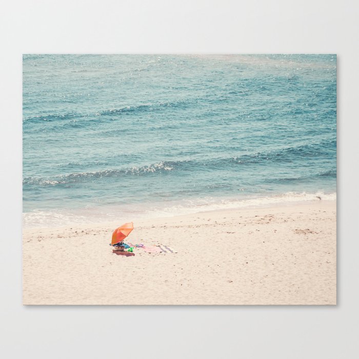 Aerial Orange Beach Umbrella - Ocean - Beach and Sea photography by Ingrid Beddoes Canvas Print