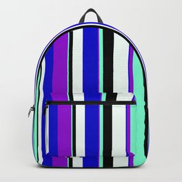 [ Thumbnail: Dark Violet, Aquamarine, Black, Mint Cream & Blue Colored Pattern of Stripes Backpack ]