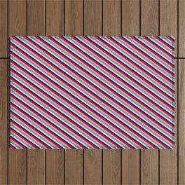 [ Thumbnail: Vibrant Red, Grey, Light Slate Gray, Beige & Dark Blue Colored Pattern of Stripes Outdoor Rug ]