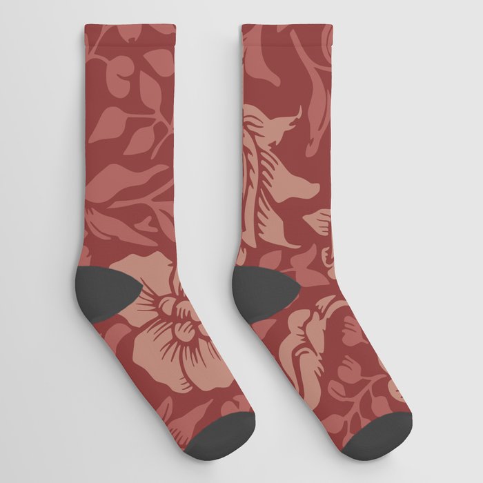 Arts and Crafts Inspired Floral Pattern Red Socks