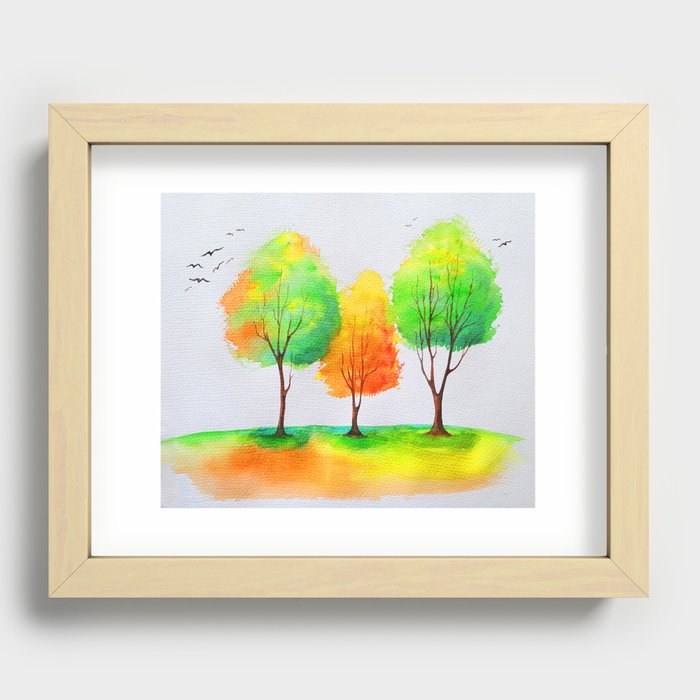 3 Colourful Autumn Trees. Watercolour painting. Recessed Framed Print