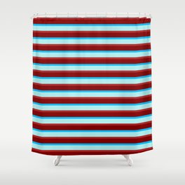 [ Thumbnail: Deep Sky Blue, Turquoise, Red, and Maroon Colored Lined/Striped Pattern Shower Curtain ]