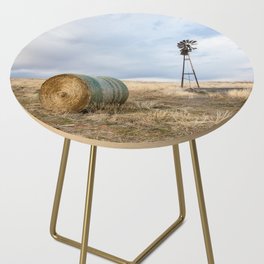 Prairie Life - Old Windmill and Round Hay Bale on Autumn Day in Oklahoma Side Table