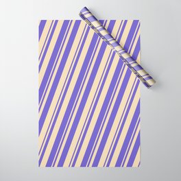 [ Thumbnail: Tan & Slate Blue Colored Striped Pattern Wrapping Paper ]