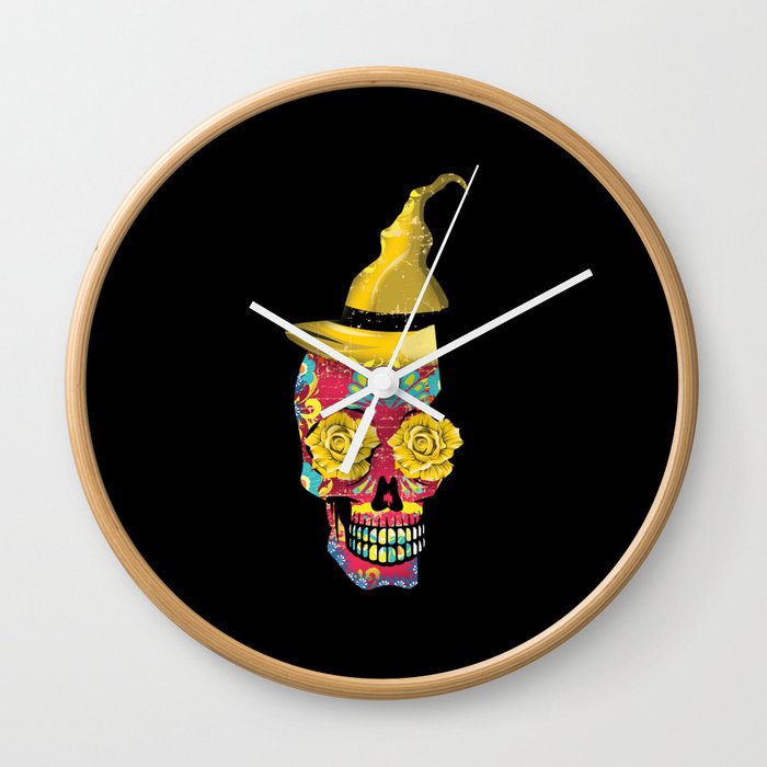 Halloween Floral Sugar Skull Muertos Day Of Dead Wall Clock