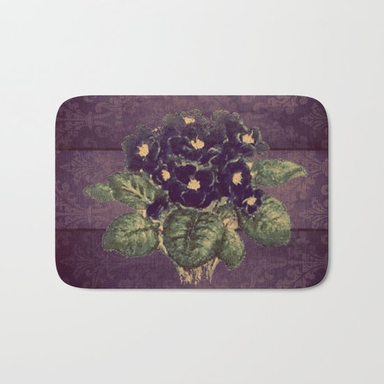 Violettes on vintage purple distressed damask Bath Mat