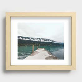 Peer to a cloudy lake, Switzerland | Landscape | Moody travel photography Recessed Framed Print