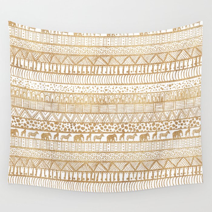 Trendy White & Gold Tribal African Pattern Wall Tapestry