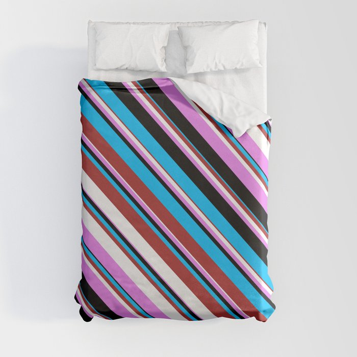 Deep Sky Blue, Brown, White, Violet, and Black Colored Striped/Lined Pattern Duvet Cover