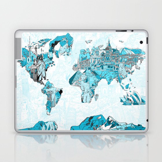 World map landmark collage blue Laptop & iPad Skin
