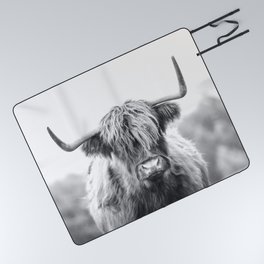 Highland Cow Longhorn in a Field Black and White Picnic Blanket