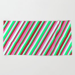 [ Thumbnail: Green, Brown, Hot Pink & Light Cyan Colored Striped Pattern Beach Towel ]