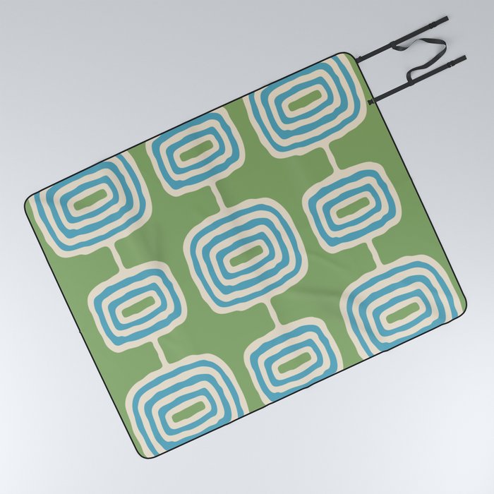 Mid Century Modern Atomic Rings Pattern 143 Blue and Green Picnic Blanket