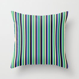 [ Thumbnail: Eye-catching Slate Blue, Black, Tan, Teal & Light Green Colored Stripes/Lines Pattern Throw Pillow ]