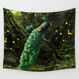 Peacocks in an enchanted forest Wall Tapestry