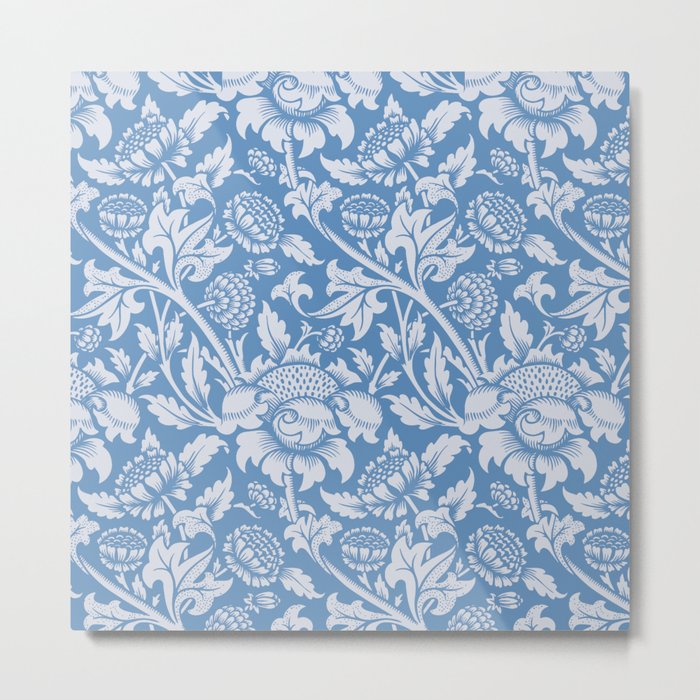 William Morris Soft Blue Chrysanthemum Pattern Vintage Floral Victorian Botanical Leaves Wallpaper Metal Print