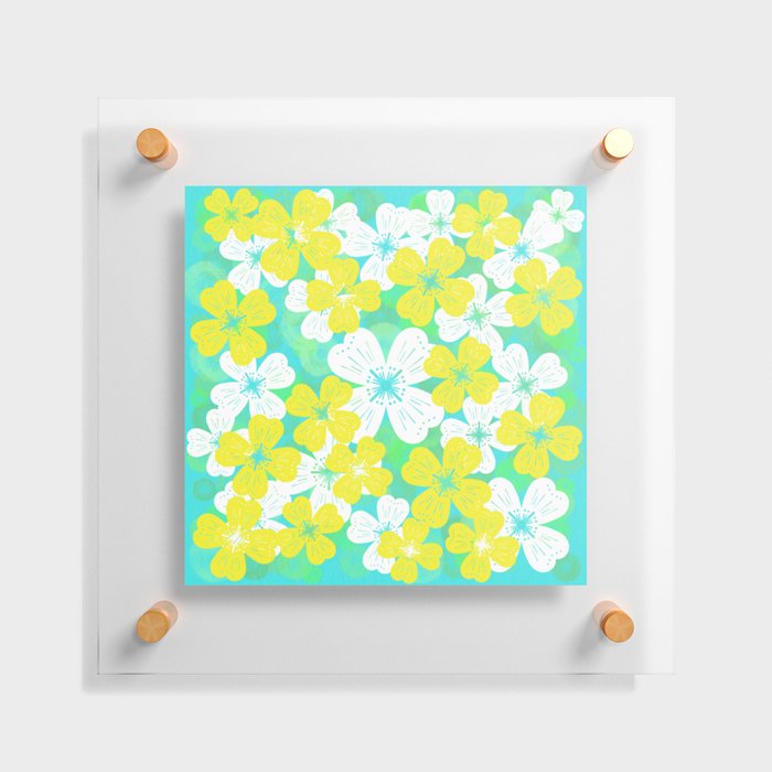 70’s Desert Flowers Yellow on Turquoise Floating Acrylic Print