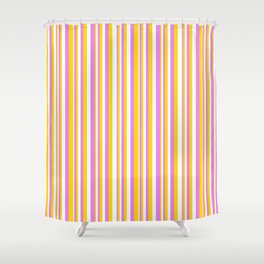 [ Thumbnail: Violet, Yellow, and Mint Cream Colored Lines Pattern Shower Curtain ]
