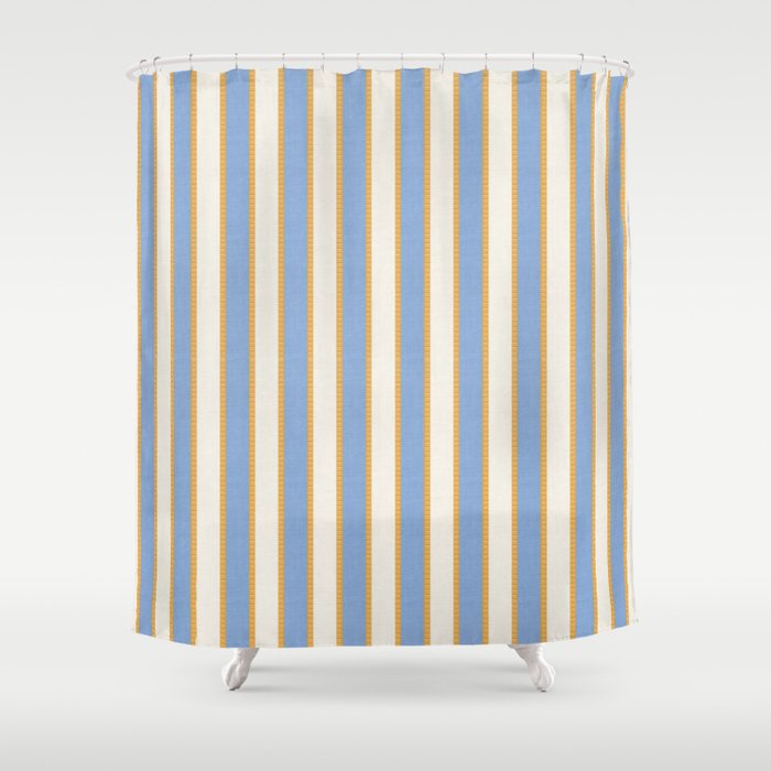 Vintage Cabana Stripe Pastel Blue And Gold Retro Coastal Beach Vibe Shower Curtain