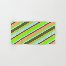 [ Thumbnail: Green, Powder Blue, Dark Olive Green, and Light Salmon Colored Lines/Stripes Pattern Hand & Bath Towel ]
