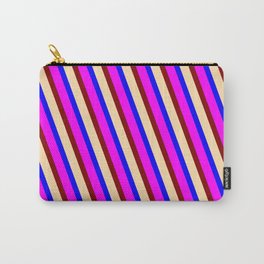 [ Thumbnail: Blue, Fuchsia, Maroon, and Tan Colored Lined Pattern Carry-All Pouch ]