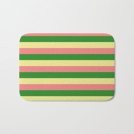 [ Thumbnail: Tan, Light Coral, and Forest Green Colored Lined Pattern Bath Mat ]