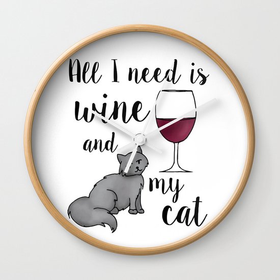 All I Need Is Wine And My Cat Wall Clock By Julieerindesigns
