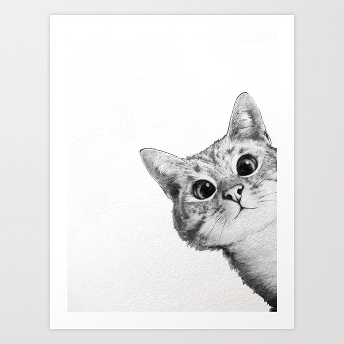 sneaky cat Kunstdrucke | Drawing, Digital, Ink/pen, Black-&-white, Pop-art, Illustration, Katze, Kitten, Cute, Lustig