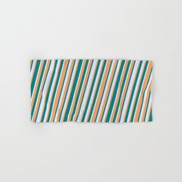 [ Thumbnail: Brown, Teal, and Lavender Colored Lined Pattern Hand & Bath Towel ]