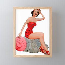 Sexy Brunette Pinup Girl in Red Skirt On The Rock Framed Mini Art Print
