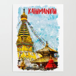 Kathmandu Nepal city watercolor Poster