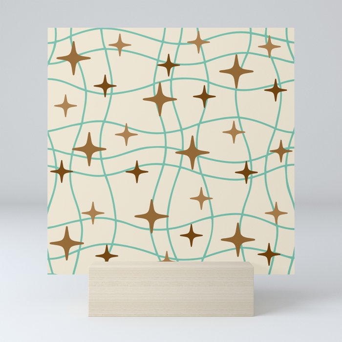 Mid Century Modern Cosmic Star Pattern 693 Beige Brown Turquoise and Cream Mini Art Print