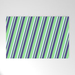 [ Thumbnail: Dark Slate Blue, Light Green & Light Cyan Colored Lined Pattern Welcome Mat ]