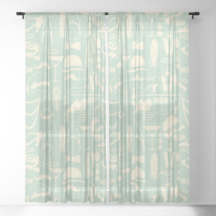 White Fashion 1920s Vintage Pattern on Apple Green Sheer Curtain