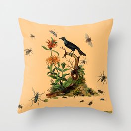 Black Bird and Insects  Throw Pillow