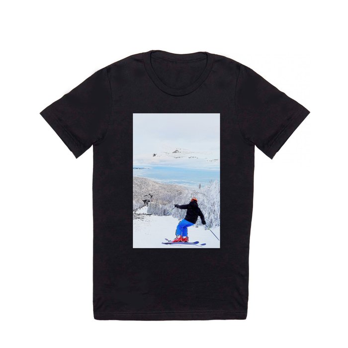 Skier at a ski resort with snowy mountain and lake T Shirt